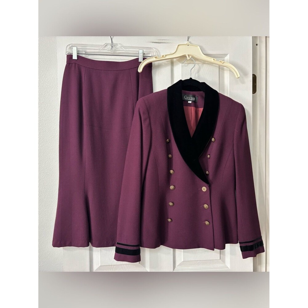 Vintage 80’s Purple Wool Skirt Suit Set Women’s Size 6 Velvet Accents Gillian